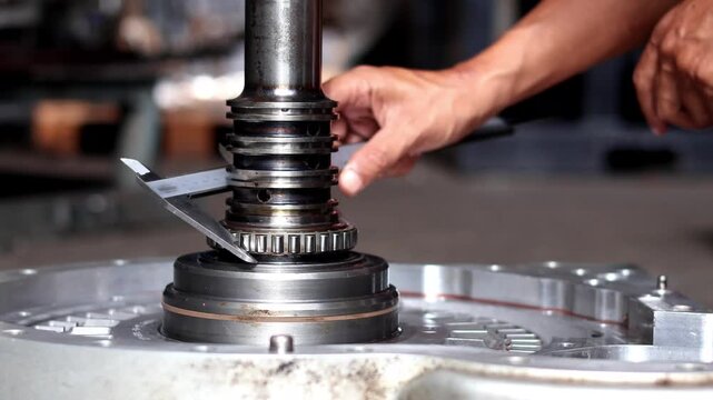 A worker using a caliper to measure a metal shaft and bearing component in a workshop.