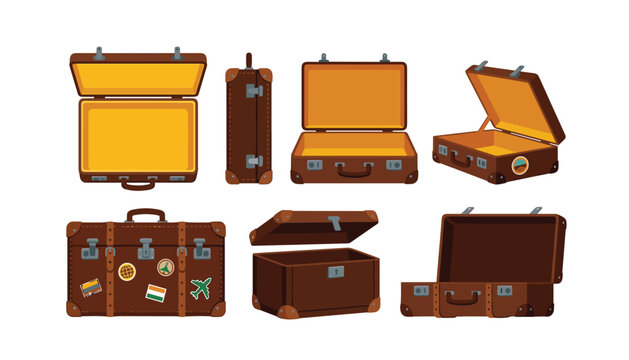 Vintage leather suitcases and travel baggage vector elements collection . Open brown luggage trunks, travel stickers, latches, handles, handles, perspective angles .
