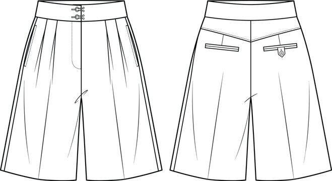 Women's Wide Leg Culotte Shorts Technical Fashion CAD Drawing Front and Back Vector Template