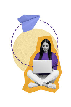 Vertical sketch 3d artwork collage poster of happy freelancer girl type laptop paper plane development app success it-specialist