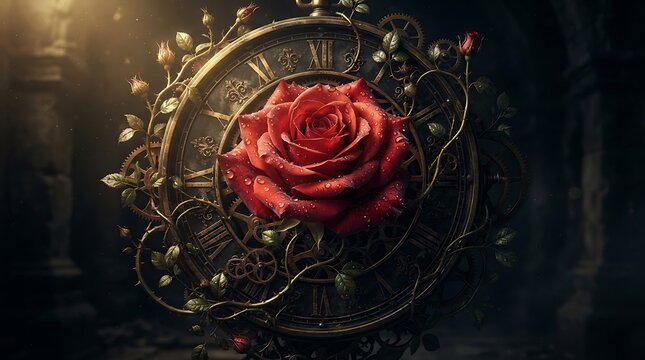 A beautiful red rose blooming in the center of an intricate vintage mechanical clock.