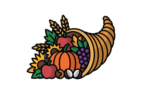 Thanksgiving cornucopia vector illustration with autumn harvest pumpkin red fruit purple grapes sunflowers and wheat on a clean white background