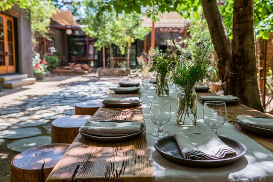 A long wooden table beside a country garden, accented by wildflowers in jars, tactile foreground details.
