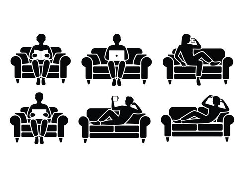Collection of stylized black silhouettes of people relaxing and engaged in various activities on sofas