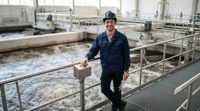 Male engineer inspecting a flocculation basin. Smiling worker with clipboard on a walkway in a water treatment plant