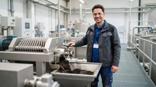 Male technician operating a sludge dewatering machine. Smiling worker at a water treatment plant with active machinery