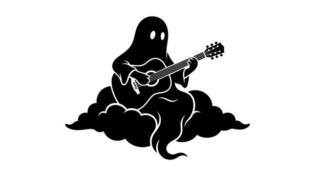 A musical ghost illustration playing an acoustic guitar while sitting on a cloud is displayed as a black silhouette against a stark white background.