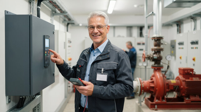 Mature male technician operating a variable frequency drive control panel. Industrial engineer with multimeter checking water pump system in utility room