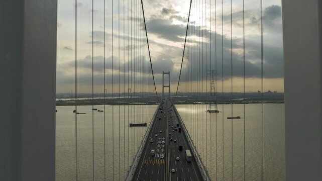 Aerial view of the sunset over the Nansha Bridge, which borders Guangzhou and Dongguan in Guangdong Province.