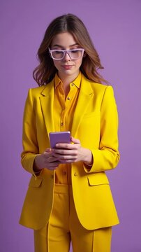 Confident young woman in a yellow suit and glasses using a smartphone. Modern business concept with vibrant colors and trendy fashion on a purple studio background.
