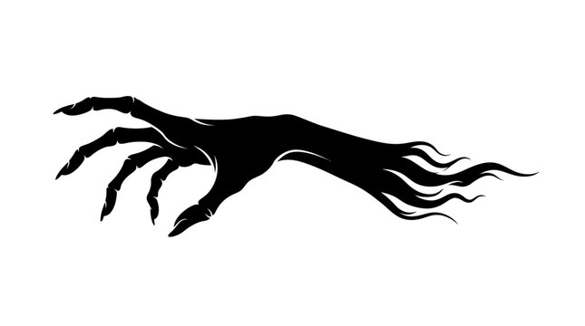 A creepy black monster hand with long, sharp claws is depicted with a flowing, ghostly wrist on a white background, creating a scary and mysterious silhouette.