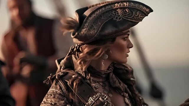 Europe medieval lifestyle. A detailed, realistic portrayal of a female character in a fantasy setting. She wears ornate, darkcolored clothing with intricate patterns and textures, including a large.