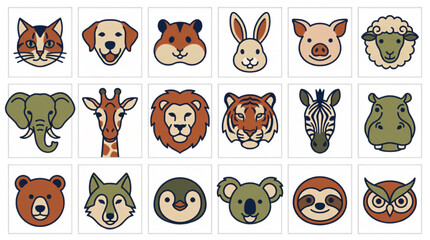 Obraz premium Vector set of cute animal head icons featuring domestic pets and wild zoo fauna like lion, tiger, bear, cat, dog, elephant, and giraffe clipart.