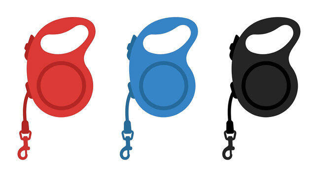 Red, blue, and black retractable dog leashes set isolated on transparent background.