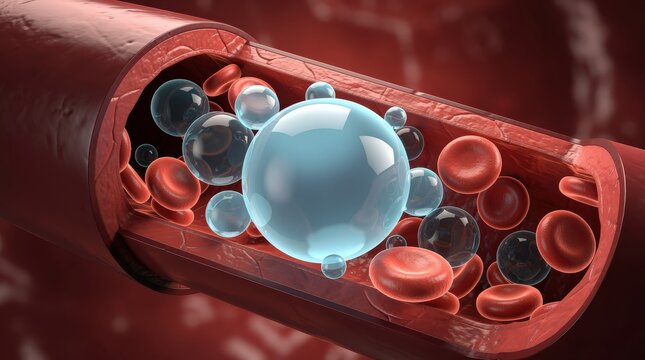 Cross-section of a blood vessel showing red blood cells and various bubbles or particles flowing inside.