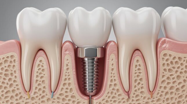 A detailed 3D illustration of a dental implant embedded in the jawbone, surrounded by natural teeth and gum tissue.