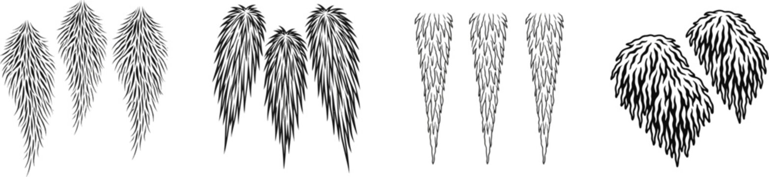 Three cascading clusters of lions mane fungi in a flat shape iconography with icicle-like spines rendered as solid jagged teardrop blocks on a white background