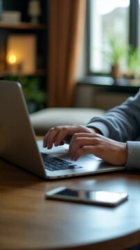Close Up on Hands of a Male Specialist Working on Laptop Computer at Cozy Home Living Room while Sitting at a Table. Freelancer Man Chatting Over the Internet on Social Networks..