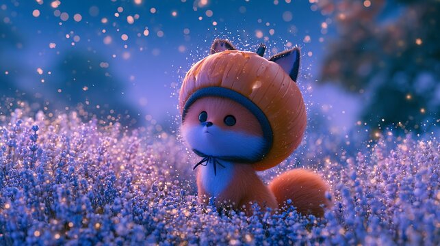 Sleeping fox wrapped around warm glowing pumpkin autumn foliage creates natural frame sparkling dust particles dance in air dark twilight backdrop