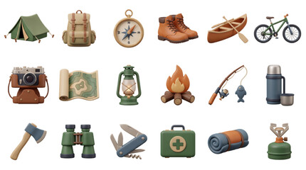 3D render camping equipment icon set featuring tent backpack compass boots canoe bicycle camera map lantern campfire and hiking gear isolated © Jay