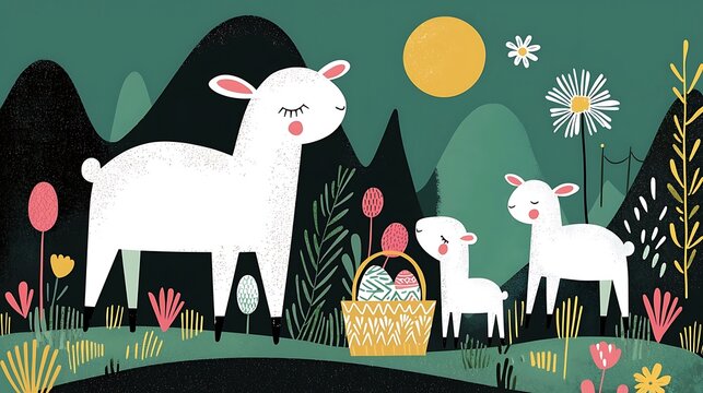 Cute llamas and Easter eggs in a meadow