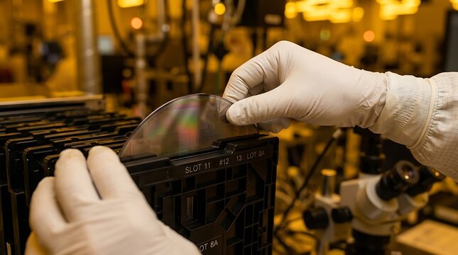 Technician in cleanroom handling silicon wafer for semiconductor manufacturing