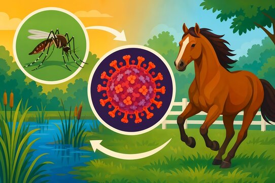 Eastern equine encephalitis virus transmission illustration with mosquito, horse, and pathogen in rural wetland setting