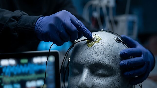 Scientist attaches EEG electrode to a mannequin head for brainwave research