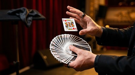 Magician performs card trick with king of hearts floating above fanned deck