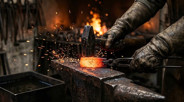 Blacksmith working hot metal on anvil with hammer and sparks flying