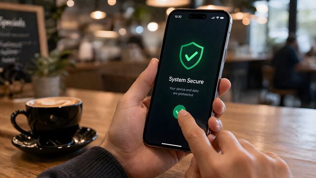 Cybersecurity mobile app interface showing system secure status, person holding smartphone with green shield icon, digital data protection in cafe