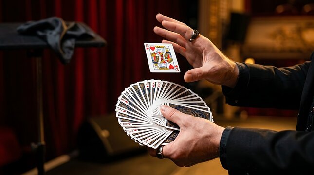 Magician performs card trick with king of hearts floating above fanned deck
