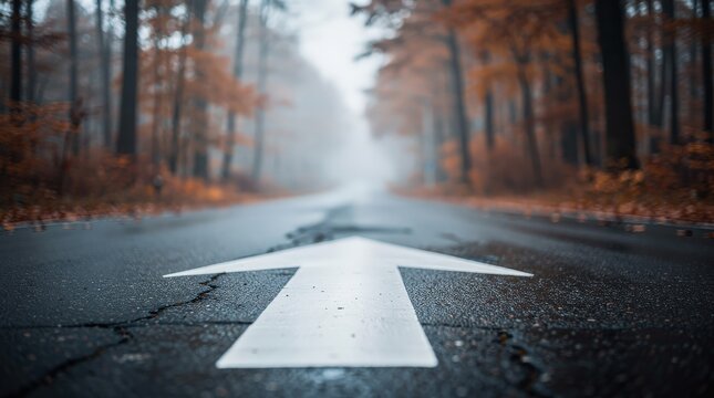 A foggy forest road with autumn-colored trees lines both sides, featuring a large white arrow painted on the cracked asphalt pointing forward.