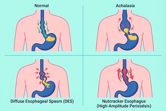 Esophageal motility disorders illustration comparing normal swallowing, achalasia, diffuse esophageal spasm, and nutcracker esophagus