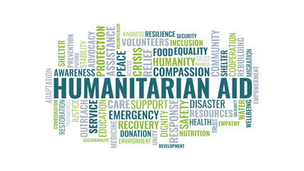 Fototapeta premium Humanitarian Aid Word Cloud Collage with Compassion Support and Emergency Terms