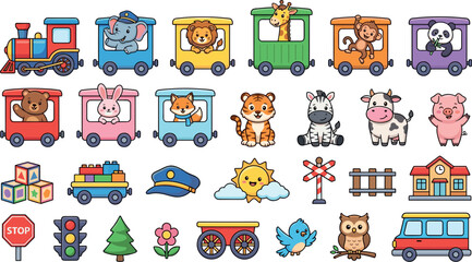 Fototapeta premium Cute Cartoon Animals Toy Train Railway Nursery Kids Sticker SetCute Cartoon Animals Toy Train Railway Nursery Kids Sticker Set