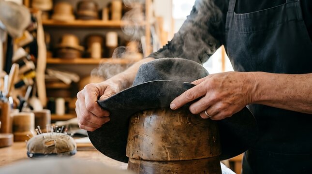 Hat maker steaming and shaping a felt hat on a wooden block in a workshop