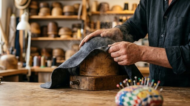 Hatter Steaming Felt Hat on Wooden Block in Workshop