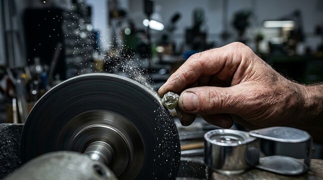 Jeweler Polishing Gemstone with Grinding Wheel in Workshop