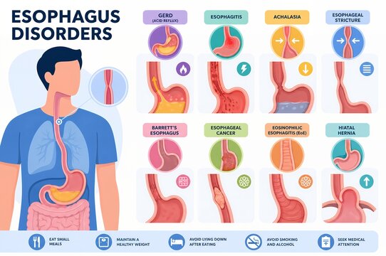 Esophagus disorders infographic showing GERD, esophagitis, achalasia, stricture, Barrett's esophagus, cancer, EoE, and hiatal hernia