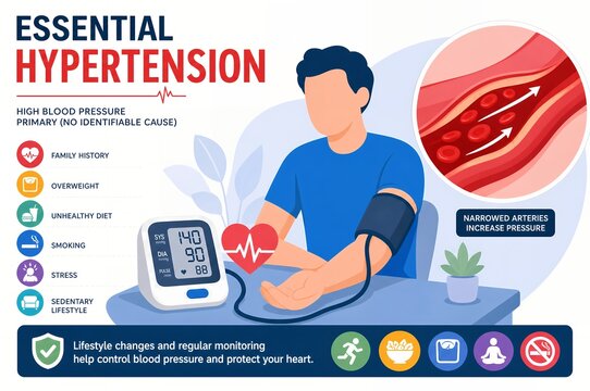 Essential hypertension infographic with blood pressure monitor, risk factors, narrowed arteries, and lifestyle prevention tips