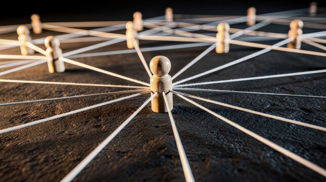 Wooden human figures connected by white strings form a network, symbolizing communication and interconnectedness on a dark textured surface.