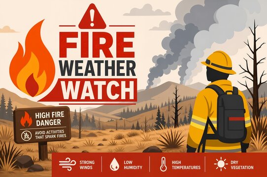 Fire weather watch warning infographic with firefighter, wildfire smoke, danger sign, and weather condition icons