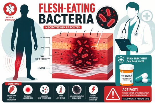 Necrotizing fasciitis infographic showing skin layers cross-section, bacteria, symptoms, antibiotics treatment, and medical emergency warning