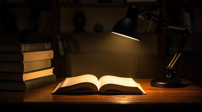 A cozy desk setup with an open book illuminated by a black desk lamp, surrounded by several closed books in a dimly lit room.