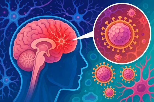 Herpes simplex encephalitis illustration showing infected brain with herpes virus particles, neurons, and magnified viral structure