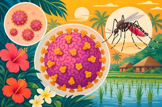 Japanese encephalitis virus illustration with magnified pathogen, mosquito, rice paddy, and tropical landscape setting