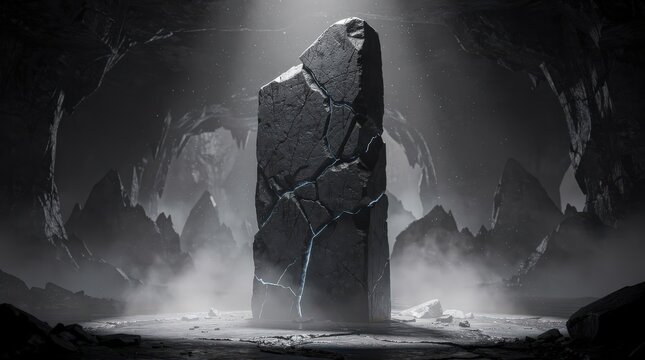 A large cracked monolith stands in the center of a dark, misty cave illuminated by a single light source from above.