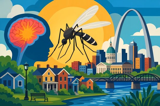 St. Louis encephalitis virus illustration with mosquito, inflamed brain, Gateway Arch, and city skyline over Mississippi River
