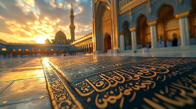 Quran sunrise mosque courtyard prayer devotion